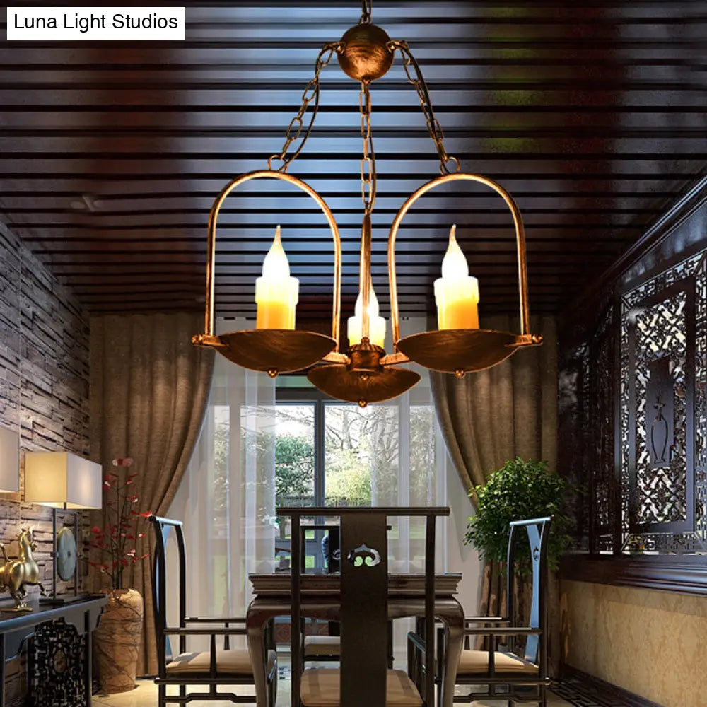 Vintage Bronze Metal Pendant Chandelier - Three-Light Candle Fixture for Dining Room Ceiling
