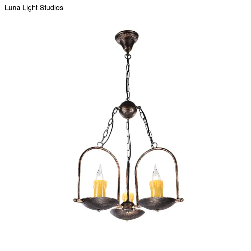 Vintage Bronze Metal Pendant Chandelier - Three-Light Candle Fixture for Dining Room Ceiling