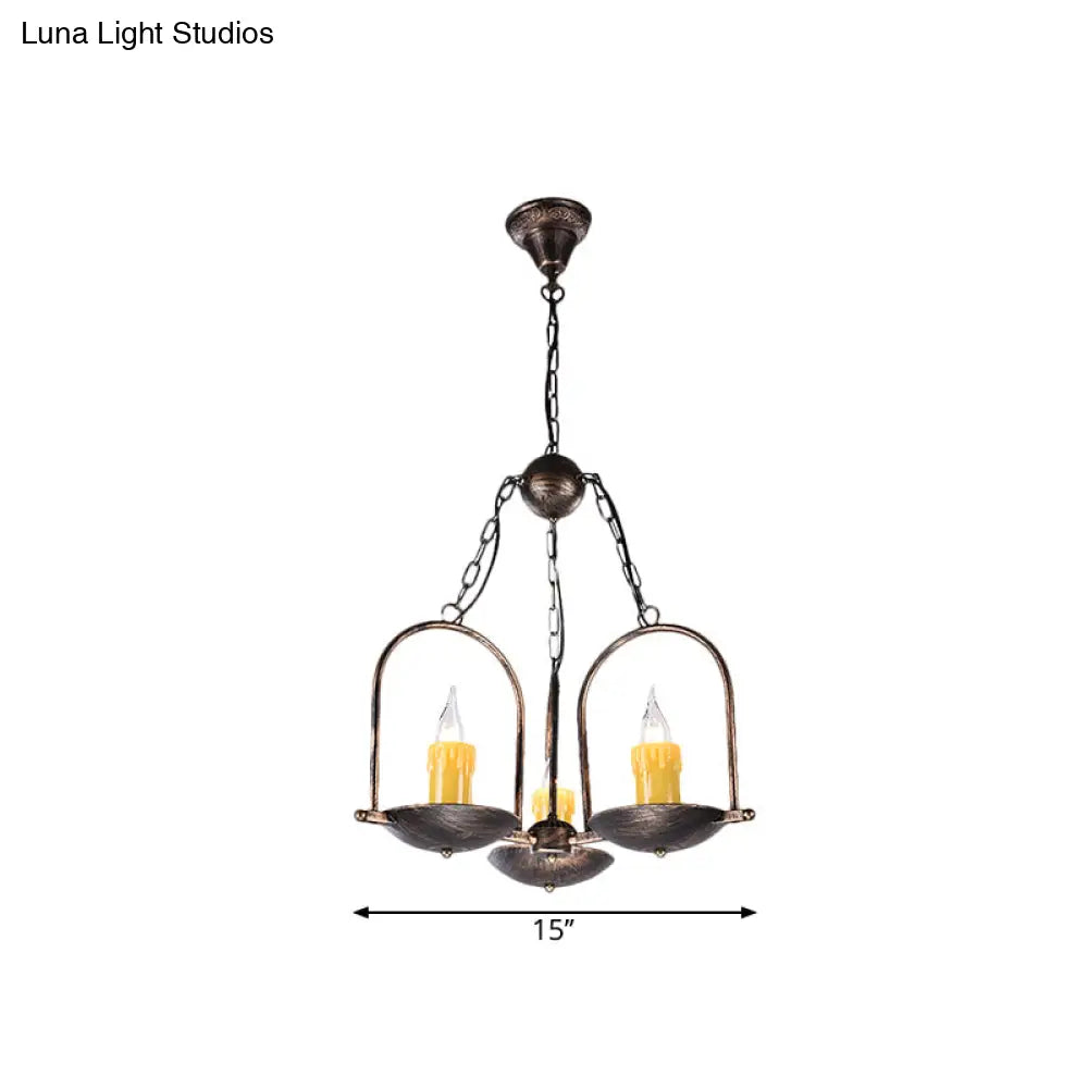 Vintage Bronze Metal Pendant Chandelier - Three-Light Candle Fixture for Dining Room Ceiling