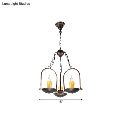 Vintage Bronze Metal Pendant Chandelier - Three-Light Candle Fixture for Dining Room Ceiling