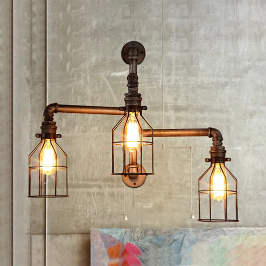 Vintage Bronze Metal Sconce Light with Wire Guard and Pipe Design - Ideal for Coffee Shop Lighting