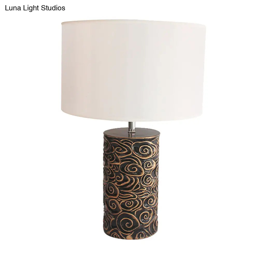Vintage Bronze Resin Table Lamp with Scroll Patterned Pillar and Round Fabric Shade - Bedroom Night Light