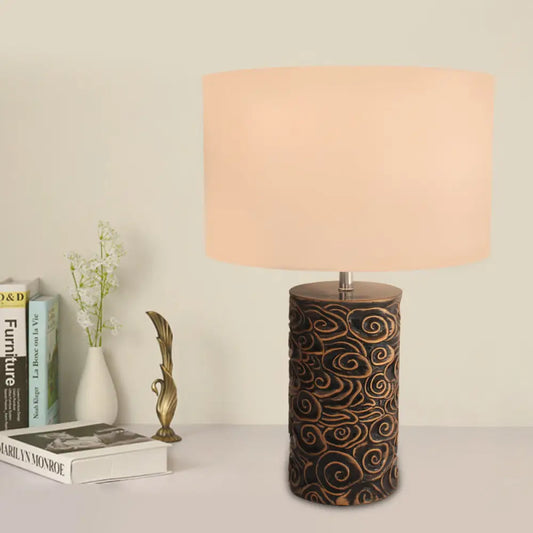 Vintage Bronze Resin Table Lamp with Scroll Patterned Pillar and Round Fabric Shade - Bedroom Night Light