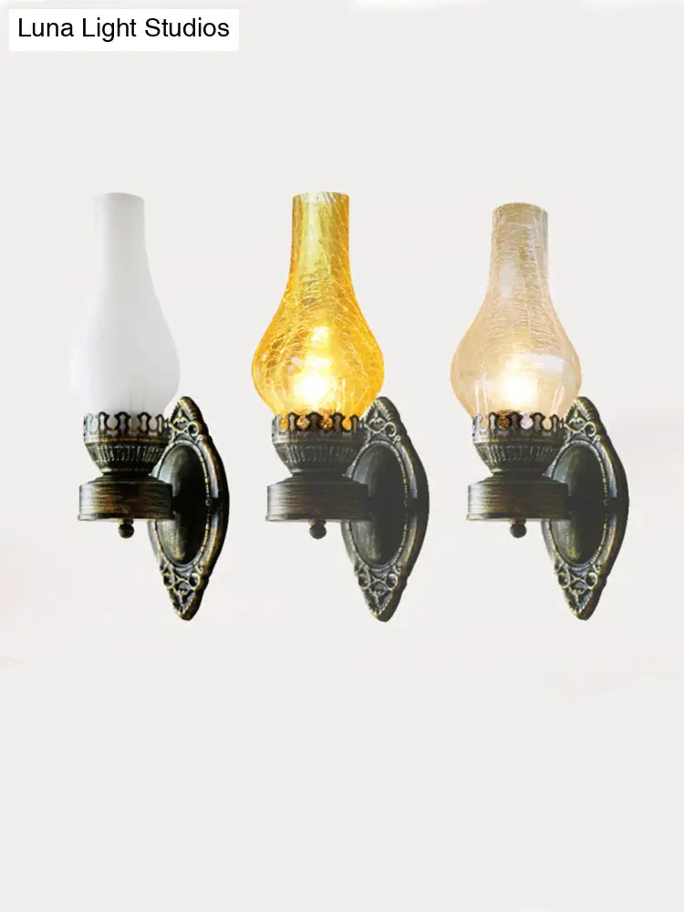 Vintage Bronze Wall Mount Kerosene Iron Light with Glass Shade