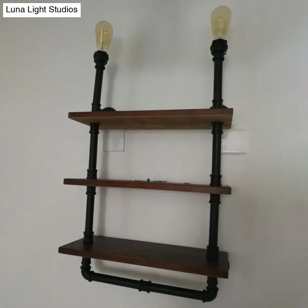 Vintage Bronze Wall Mount Light with Wood Shelf and Water Pipe Design for Living Room Décor
