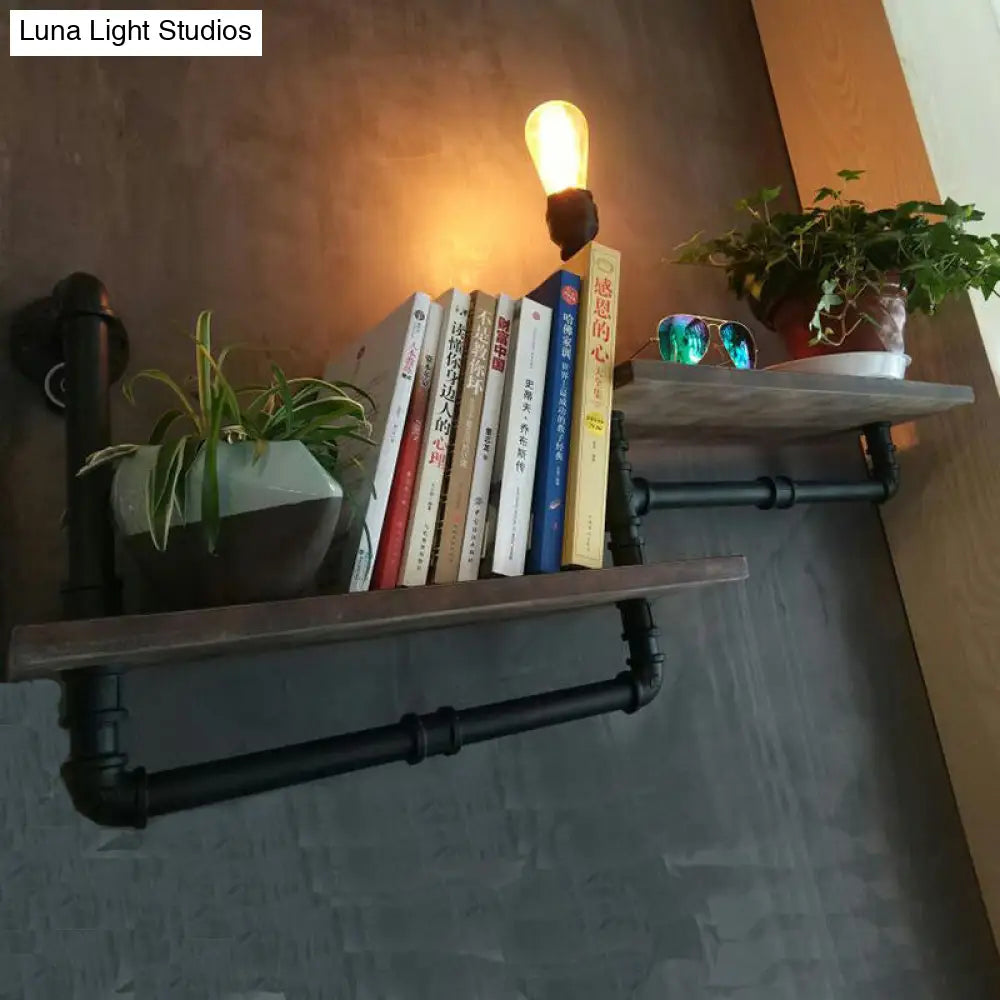 Vintage Bronze Wall Mount Light with Wood Shelf and Water Pipe Design for Living Room Décor