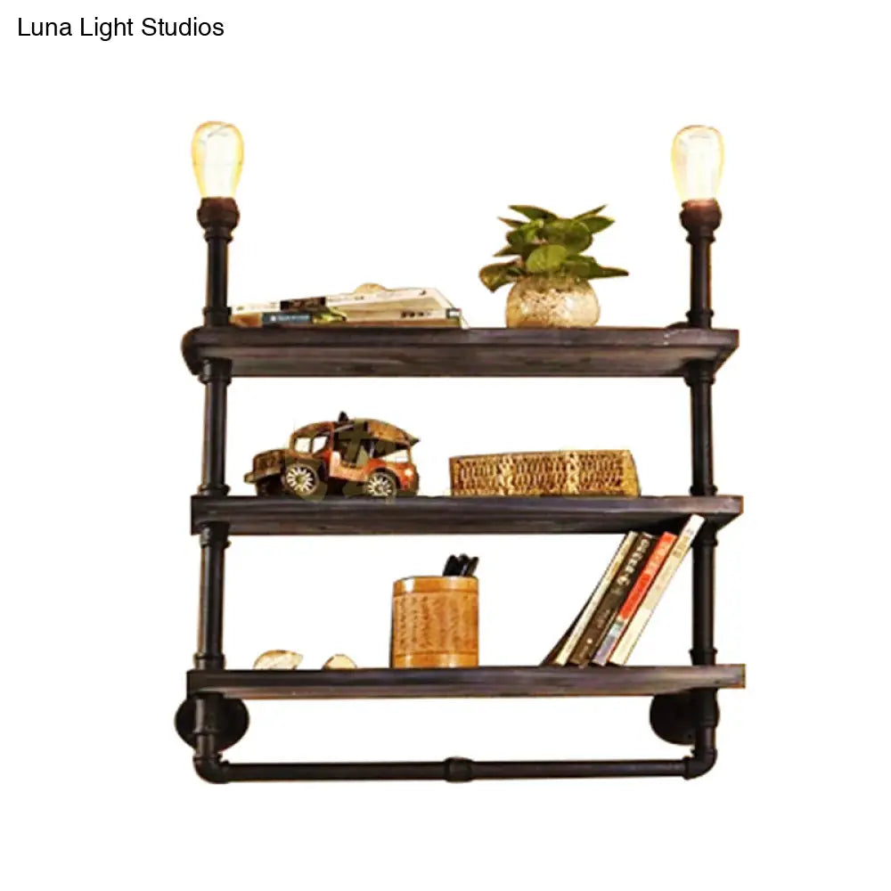 Vintage Bronze Wall Mount Light with Wood Shelf and Water Pipe Design for Living Room Décor