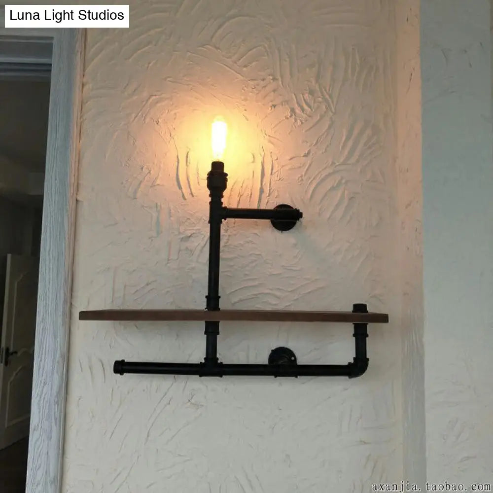 Vintage Bronze Wall Mount Light with Wood Shelf and Water Pipe Design for Living Room Décor