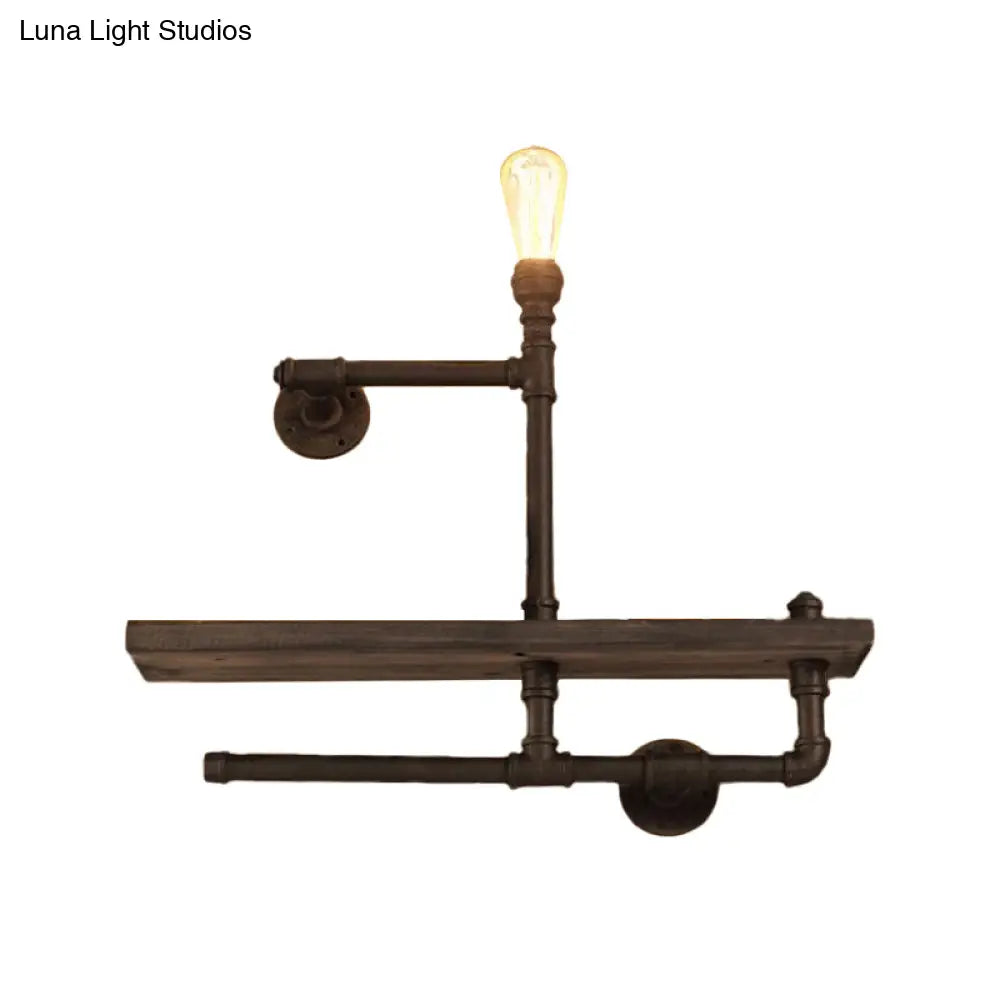 Vintage Bronze Wall Mount Light with Wood Shelf and Water Pipe Design for Living Room Décor
