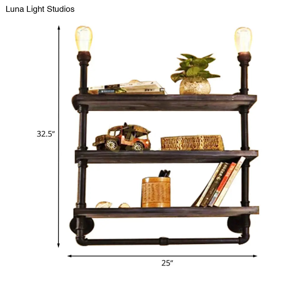 Vintage Bronze Wall Mount Light with Wood Shelf and Water Pipe Design for Living Room Décor