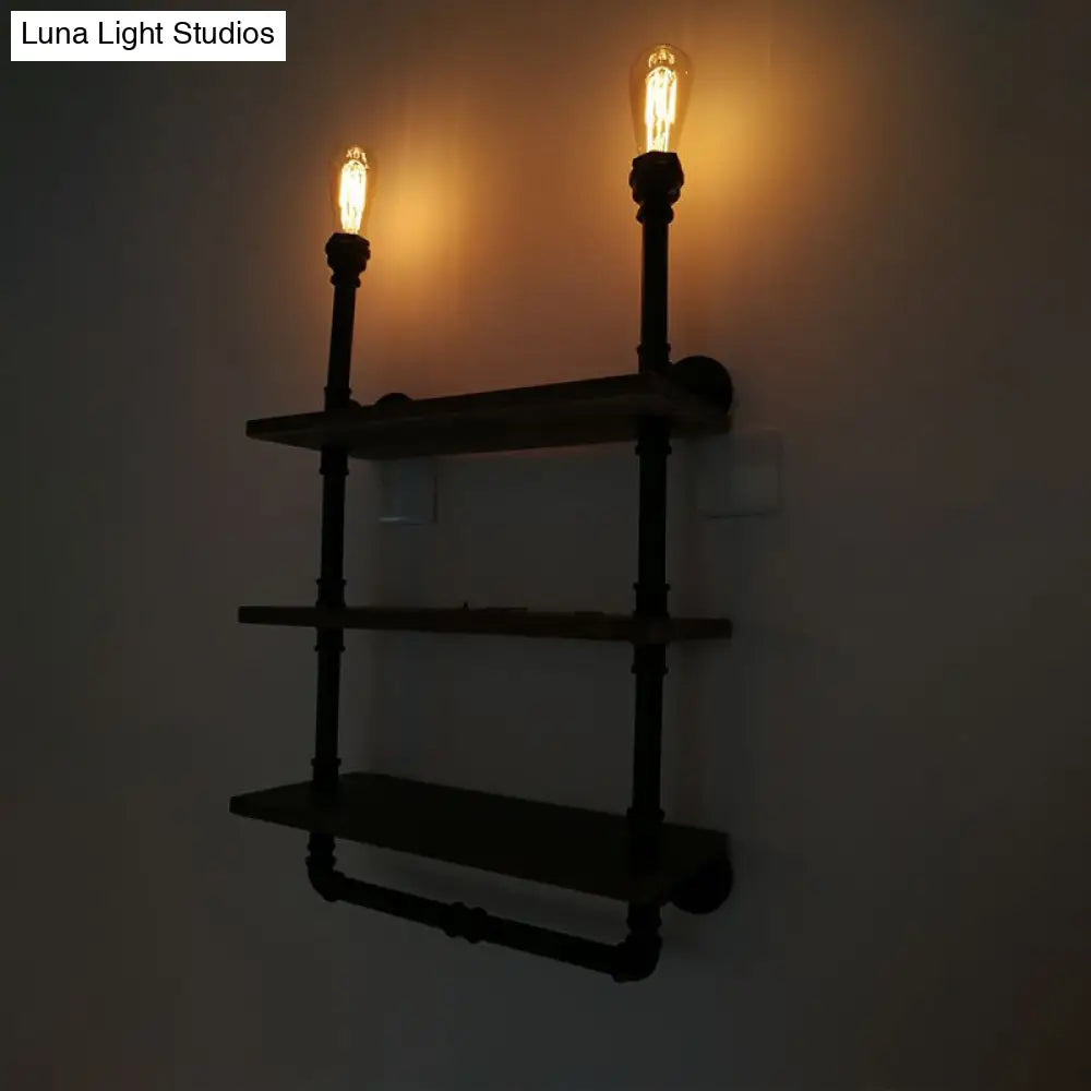 Vintage Bronze Wall Mount Light with Wood Shelf and Water Pipe Design for Living Room Décor