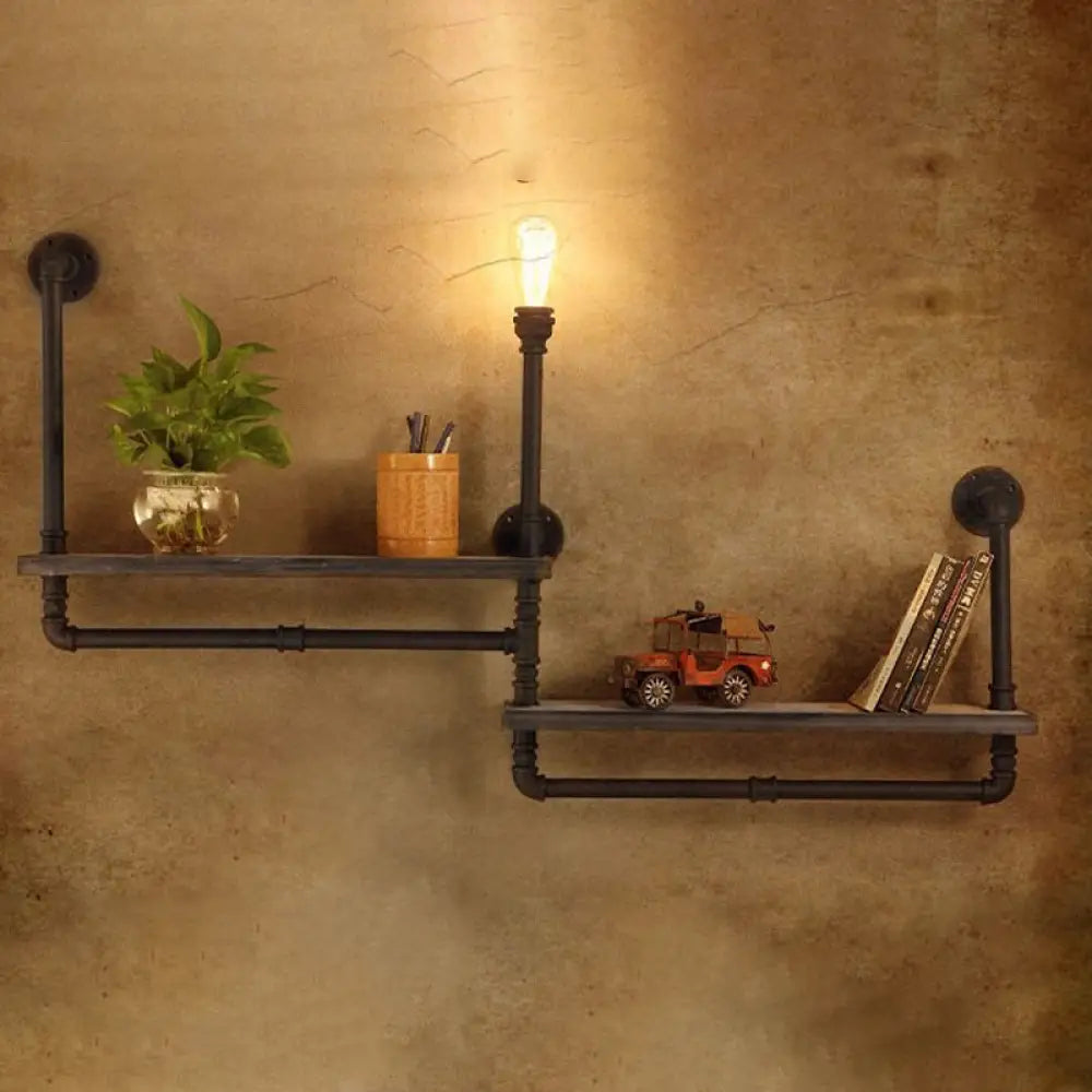 Vintage Bronze Wall Mount Light with Wood Shelf and Water Pipe Design for Living Room Décor