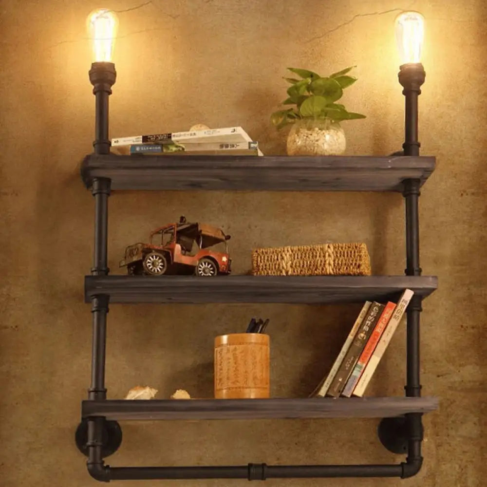 Vintage Bronze Wall Mount Light with Wood Shelf and Water Pipe Design for Living Room Décor