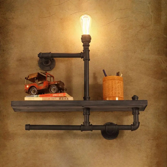 Vintage Bronze Wall Mount Light with Wood Shelf and Water Pipe Design for Living Room Décor