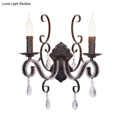 Vintage bronze wall mounted lamp with antique bronze two-light sconce and crystal teardrop pendants for living room