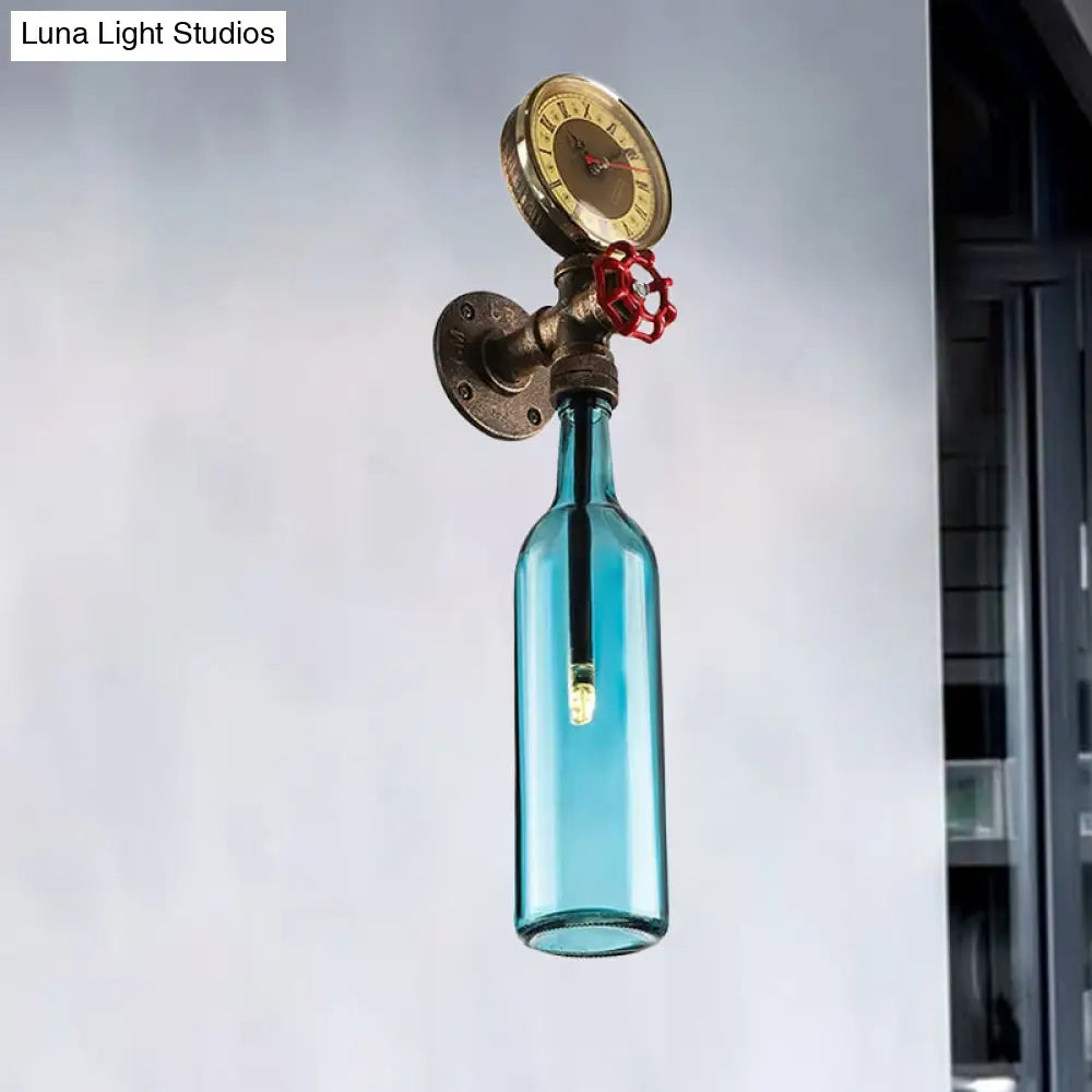 Vintage Brown/Blue Bottle Wall Sconce Lamp - Stylish Glass with Gauge and Valve