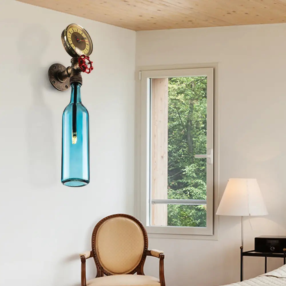 Vintage Brown/Blue Bottle Wall Sconce Lamp - Stylish Glass with Gauge and Valve