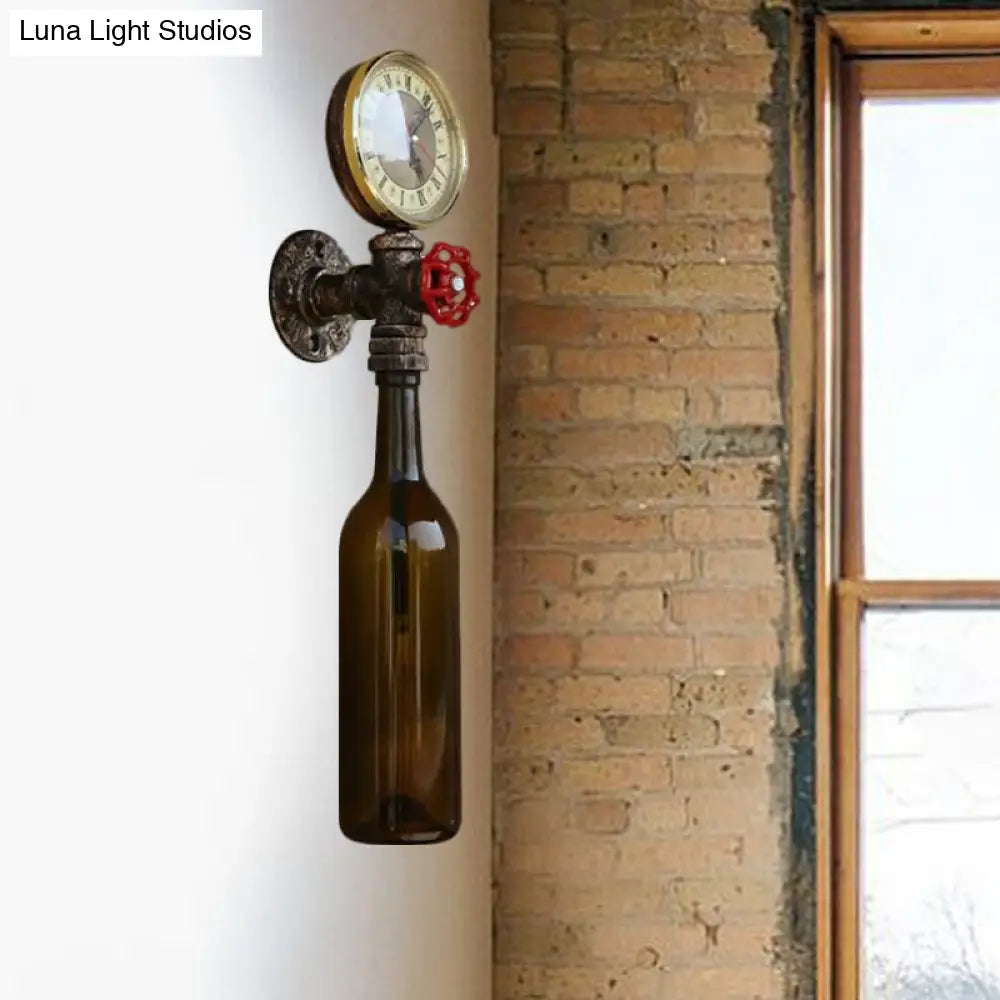 Vintage Brown/Blue Bottle Wall Sconce Lamp - Stylish Glass with Gauge and Valve