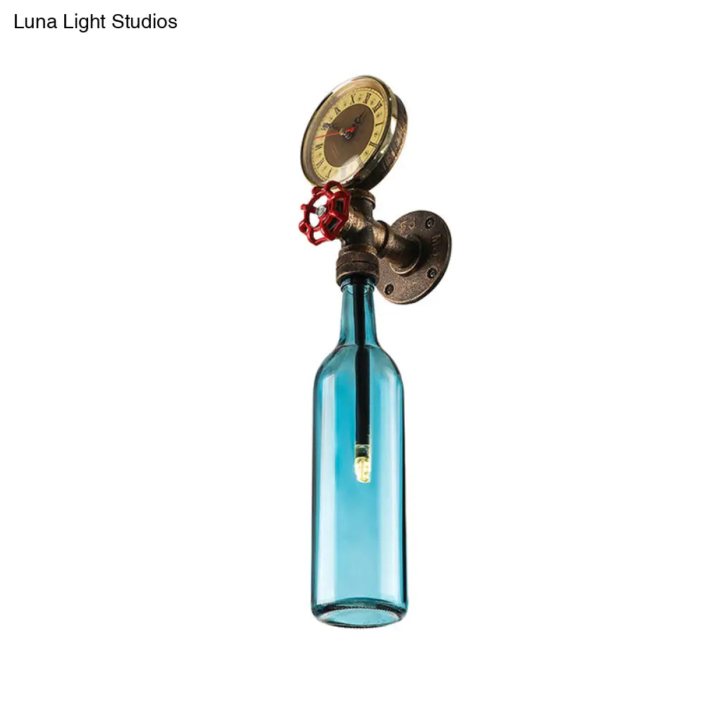 Vintage Brown/Blue Bottle Wall Sconce Lamp - Stylish Glass with Gauge and Valve