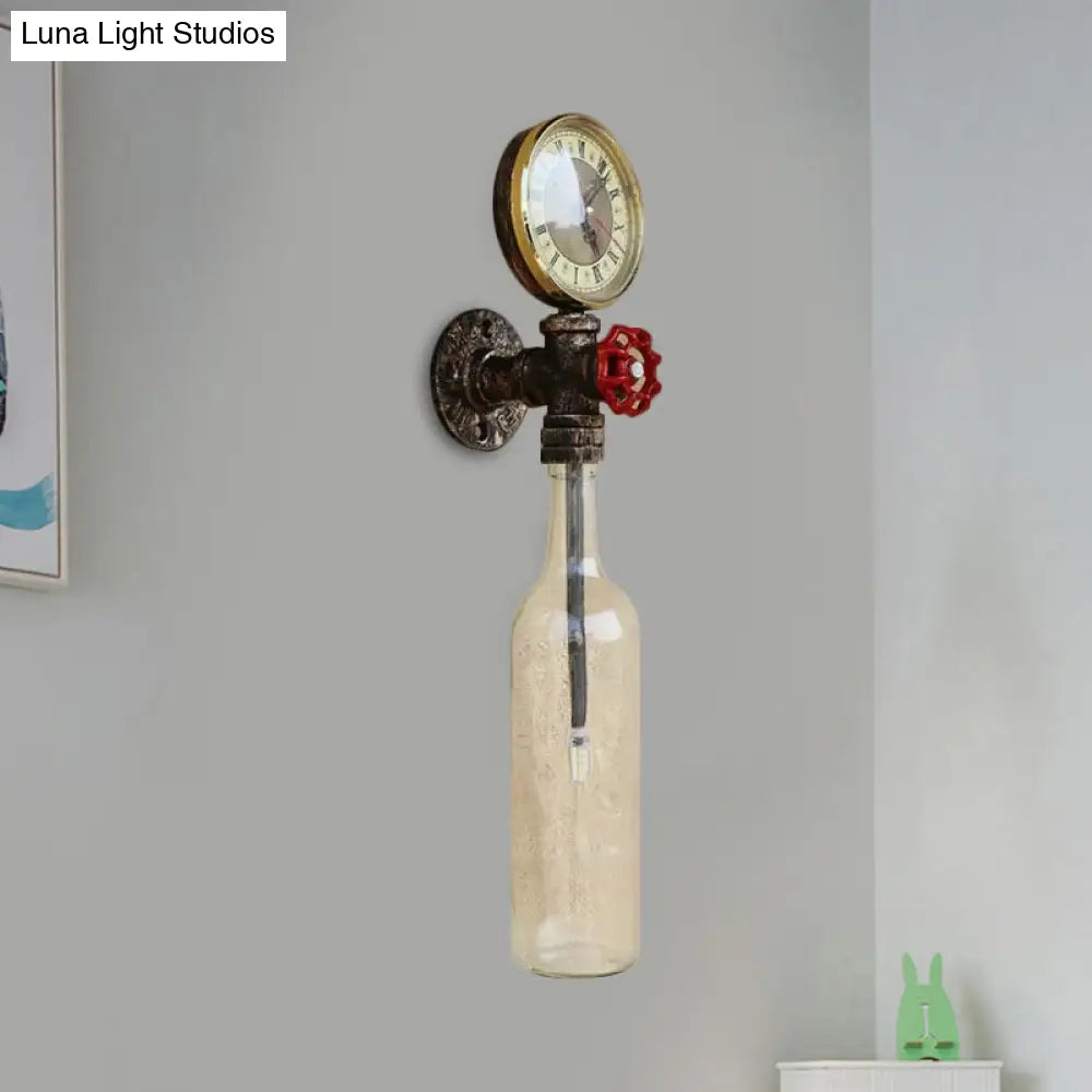 Vintage Brown/Blue Bottle Wall Sconce Lamp - Stylish Glass with Gauge and Valve
