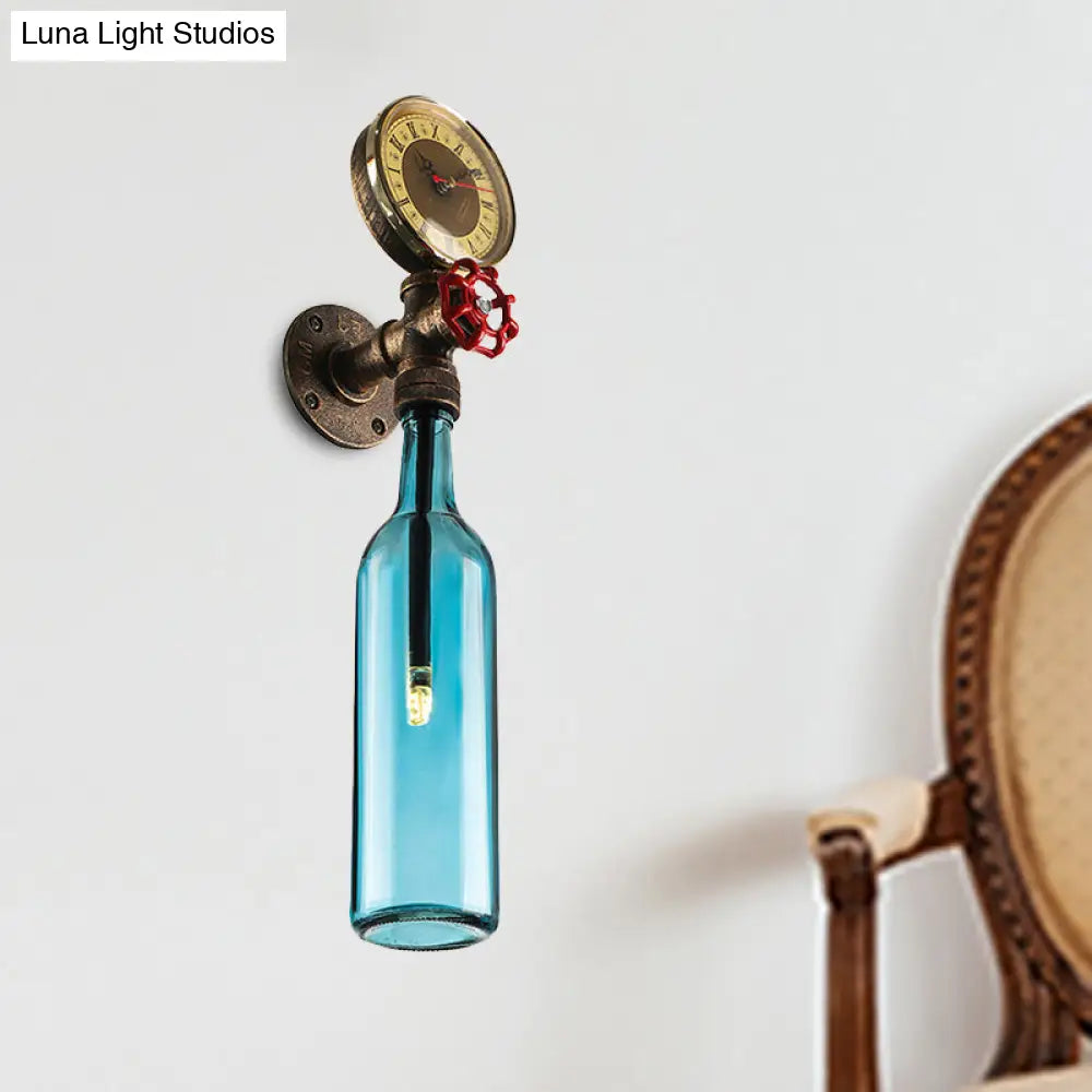 Vintage Brown/Blue Bottle Wall Sconce Lamp - Stylish Glass with Gauge and Valve