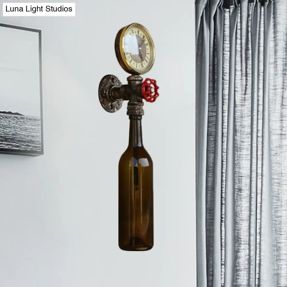 Vintage Brown/Blue Bottle Wall Sconce Lamp - Stylish Glass with Gauge and Valve