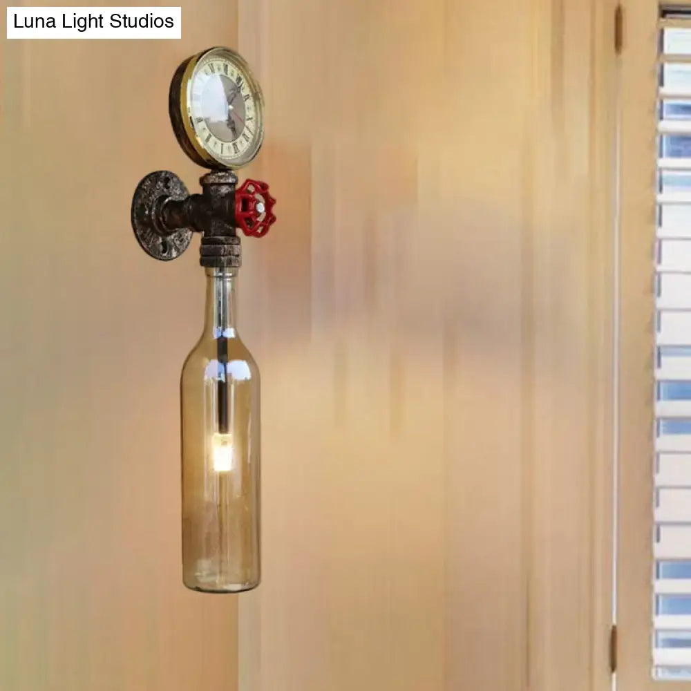 Vintage Brown/Blue Bottle Wall Sconce Lamp - Stylish Glass with Gauge and Valve