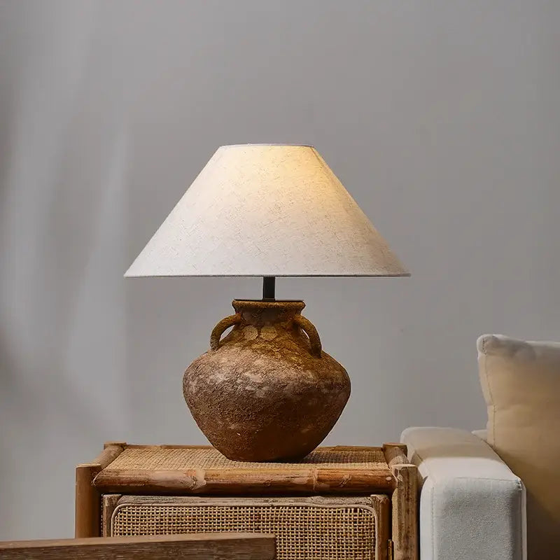 Vintage brown ceramic country table lamp with two handles and off-white fabric shade for decorbites country table lighting