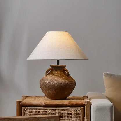 Vintage brown ceramic country table lamp with two handles and off-white fabric shade for decorbites country table lighting