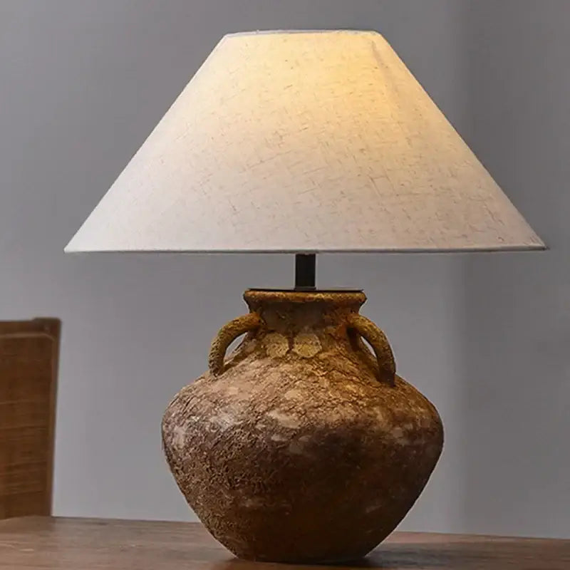 Rustic brown ceramic country table lamp with two handles and cream fabric shade for bedroom decorbites country table