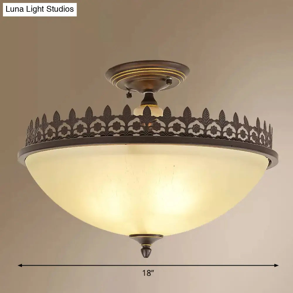 Vintage Brown Filigree Frame Flush Mount Ceiling Light with Frosted Glass Bowl