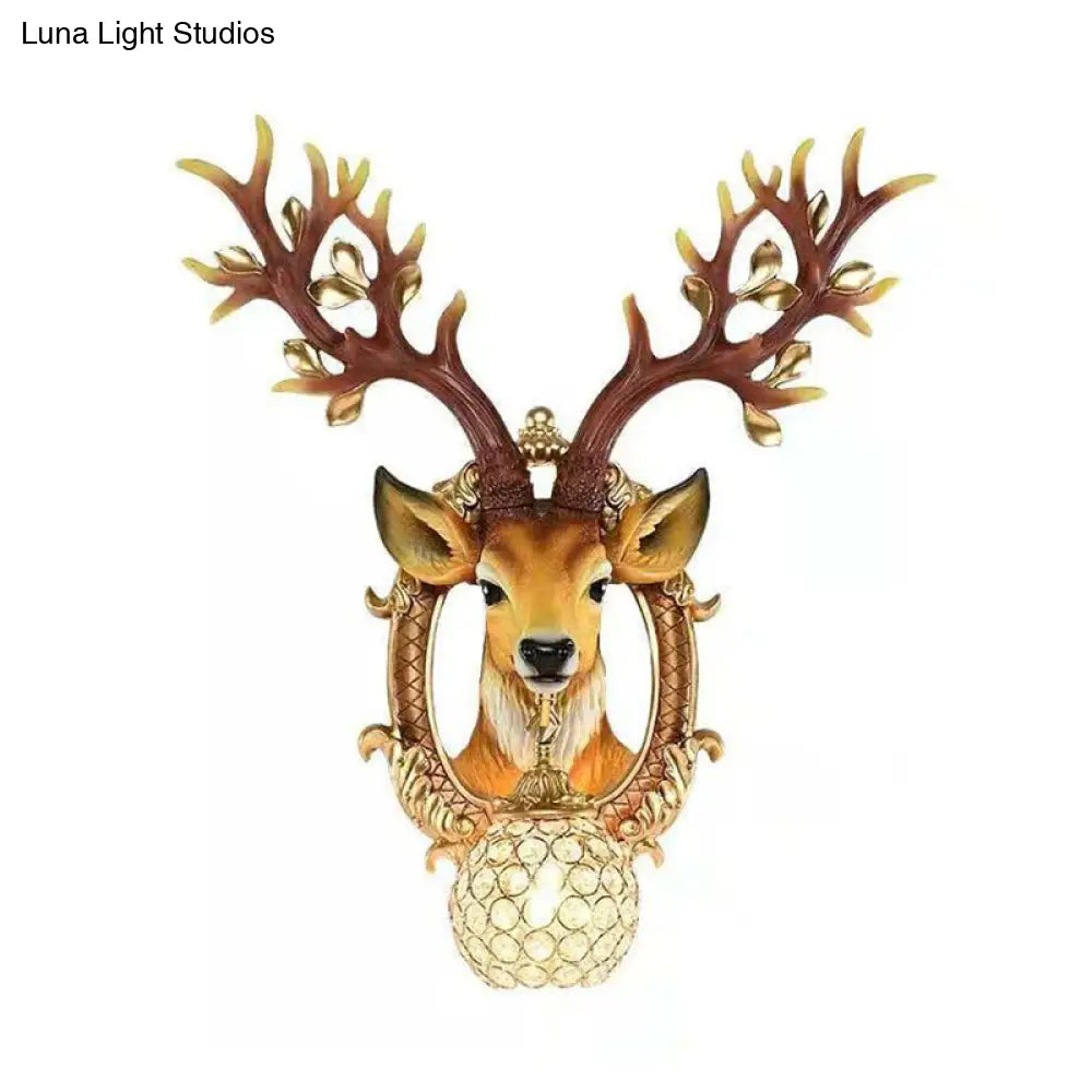 Vintage Brown Globe Wall Light - 1-Light Crystal and Metal Sconce with Deer Backplate