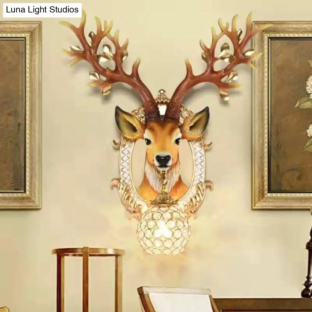 Vintage Brown Globe Wall Light - 1-Light Crystal and Metal Sconce with Deer Backplate