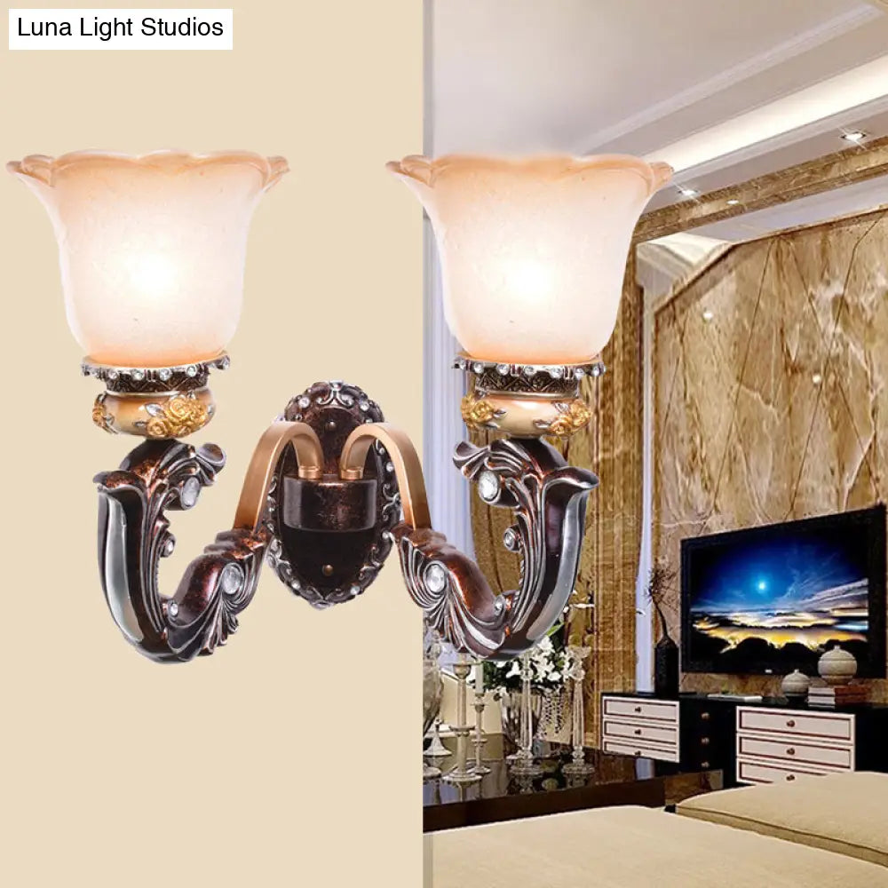 Vintage Brown Half-Head Wall Lamp with Pink and White Floral-Shaped Glass - Retro Wall Lighting Fixture