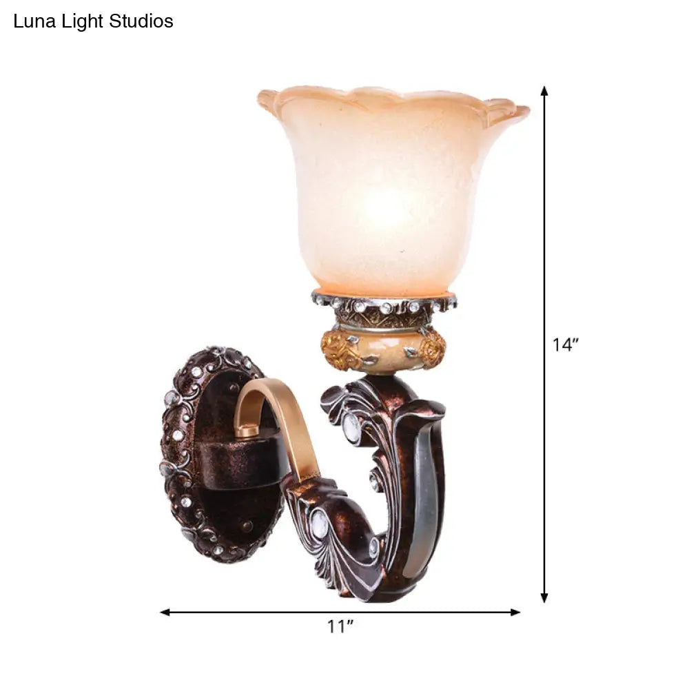 Vintage Brown Half-Head Wall Lamp with Pink and White Floral-Shaped Glass - Retro Wall Lighting Fixture