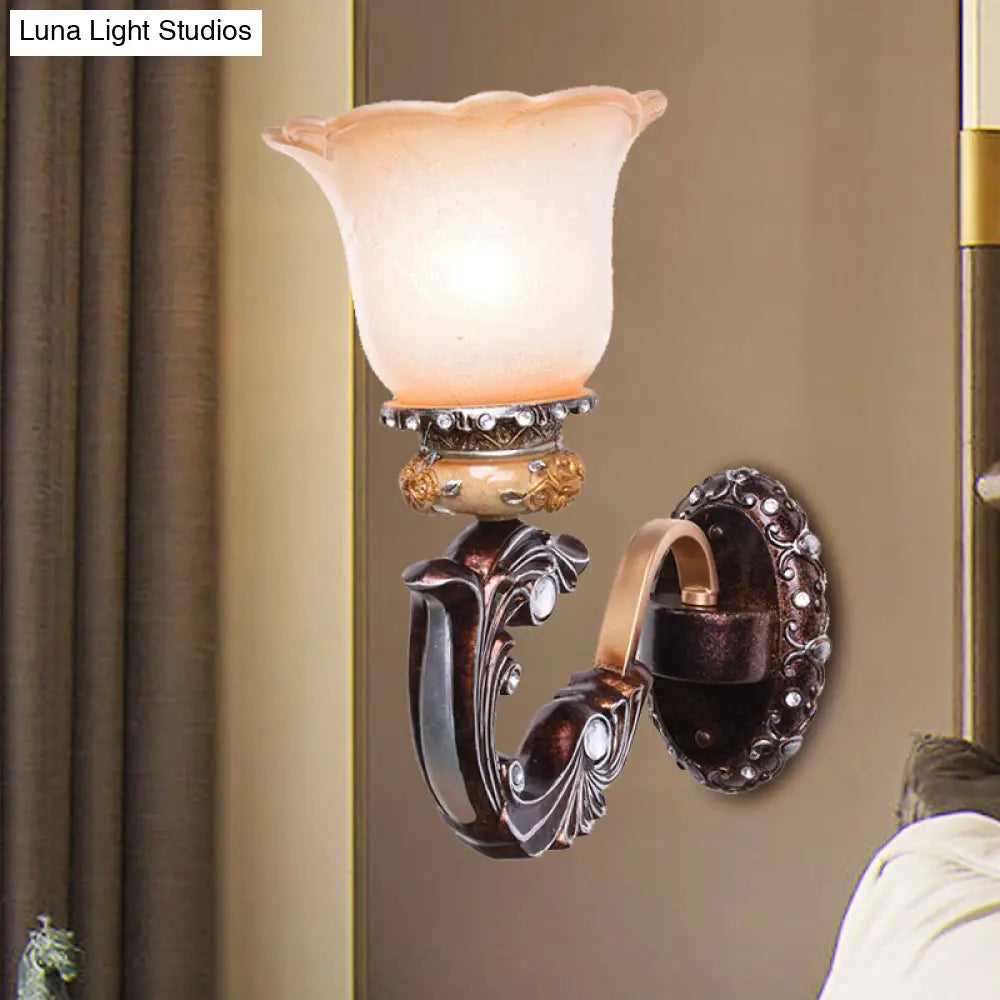Vintage Brown Half-Head Wall Lamp with Pink and White Floral-Shaped Glass - Retro Wall Lighting Fixture