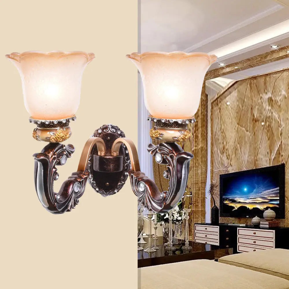 Vintage Brown Half-Head Wall Lamp with Pink and White Floral-Shaped Glass - Retro Wall Lighting Fixture