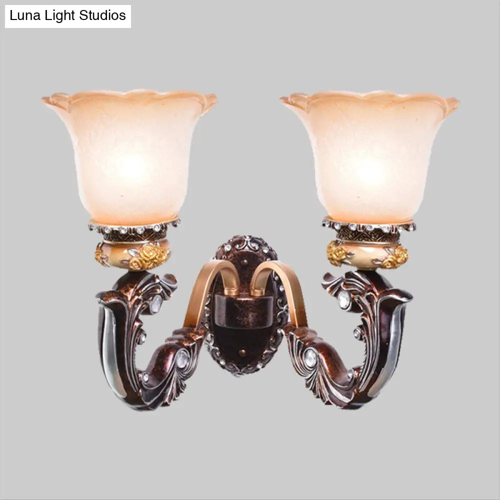 Vintage Brown Half-Head Wall Lamp with Pink and White Floral-Shaped Glass - Retro Wall Lighting Fixture