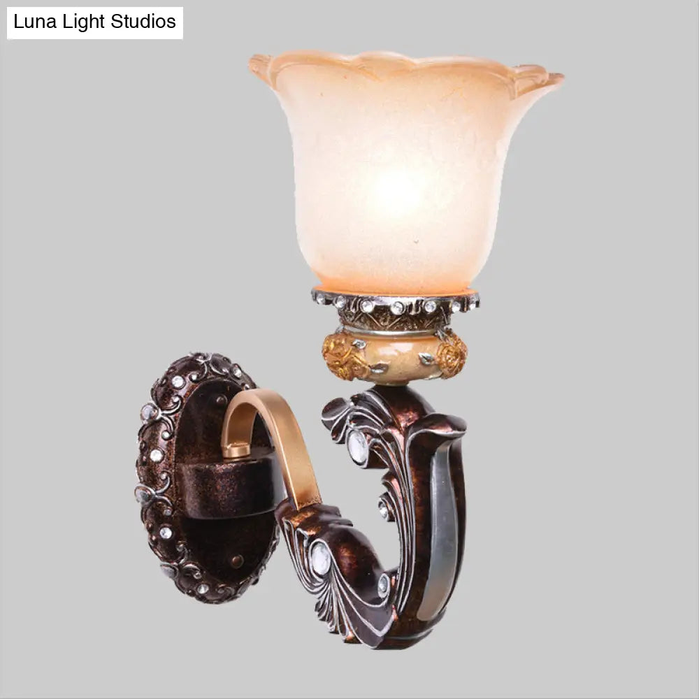 Vintage Brown Half-Head Wall Lamp with Pink and White Floral-Shaped Glass - Retro Wall Lighting Fixture