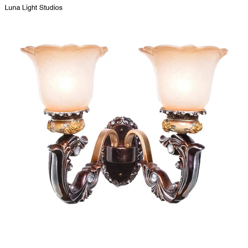 Vintage Brown Half-Head Wall Lamp with Pink and White Floral-Shaped Glass - Retro Wall Lighting Fixture