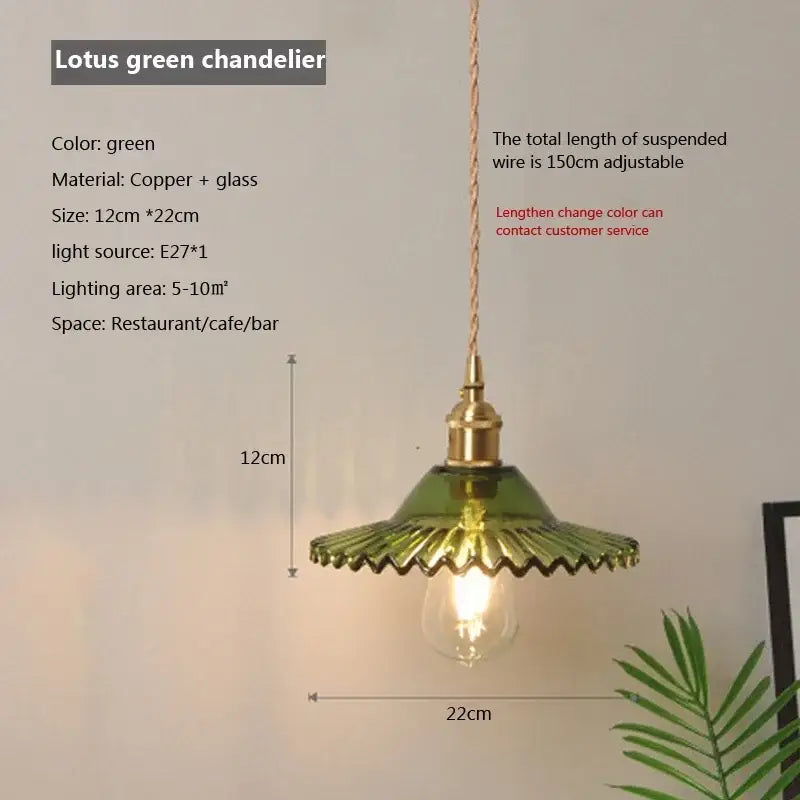 Vintage brown and polished chrome glass pendant light with green lotus-shaped glass and copper accents for dining room