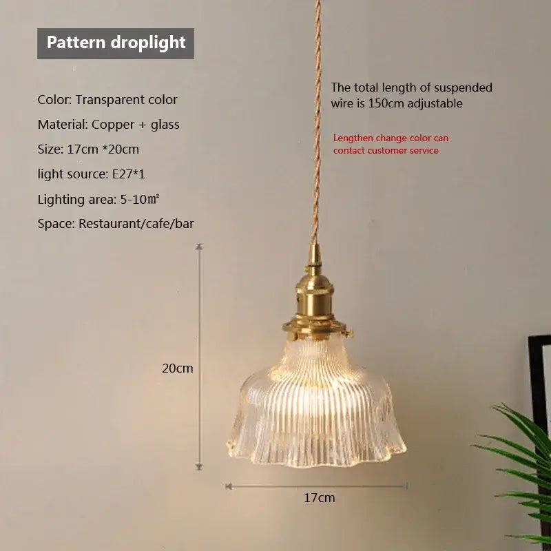 Vintage brown and polished chrome glass pendant light with transparent ribbed glass shade and brass copper fixture for dining room