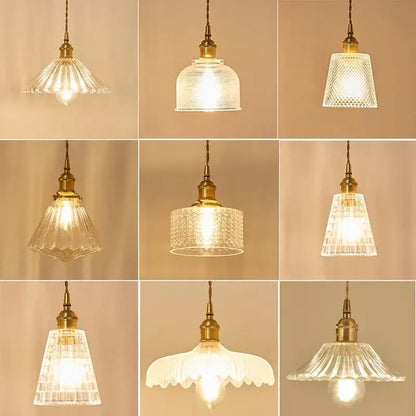 Vintage brown and polished chrome glass pendant light with clear etched glass and brass fixtures for dining room