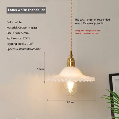 Vintage brown and polished chrome glass pendant light with a white lotus glass shade and copper frame for dining room