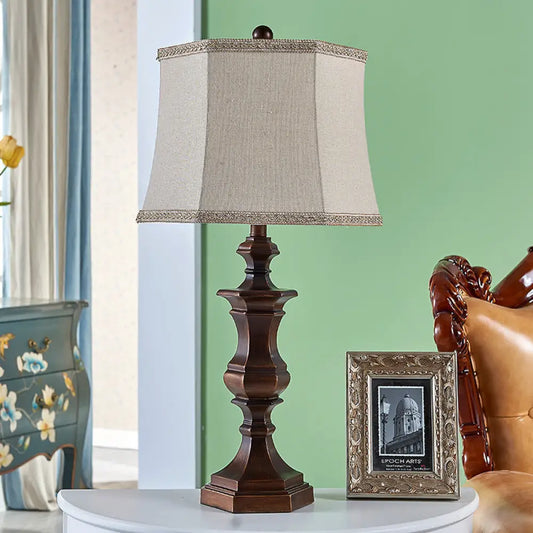 Vintage Brown Resin Night Table Lamp - 1 Light Bedroom Reading Light with Tapered Shade