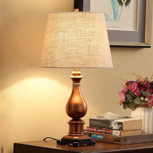 Vintage Brown Resin Vase Base Night Lamp with Tapered Fabric Shade