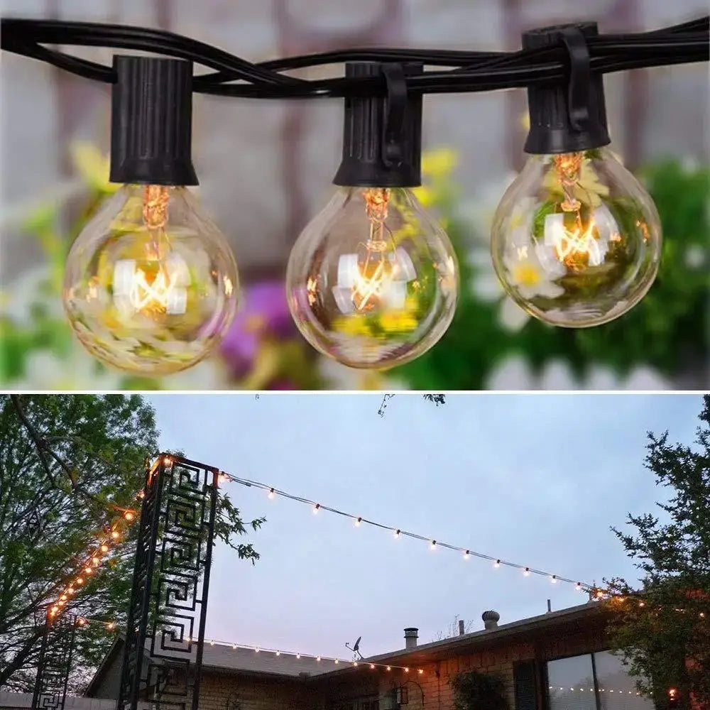 Vintage brown string lights featuring decorbites g40 edison glass globes with warm golden glow for outdoor use