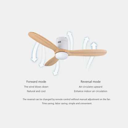 A vintage brown wood ceiling fan with three wooden blades and white motor housing with remote control for living room