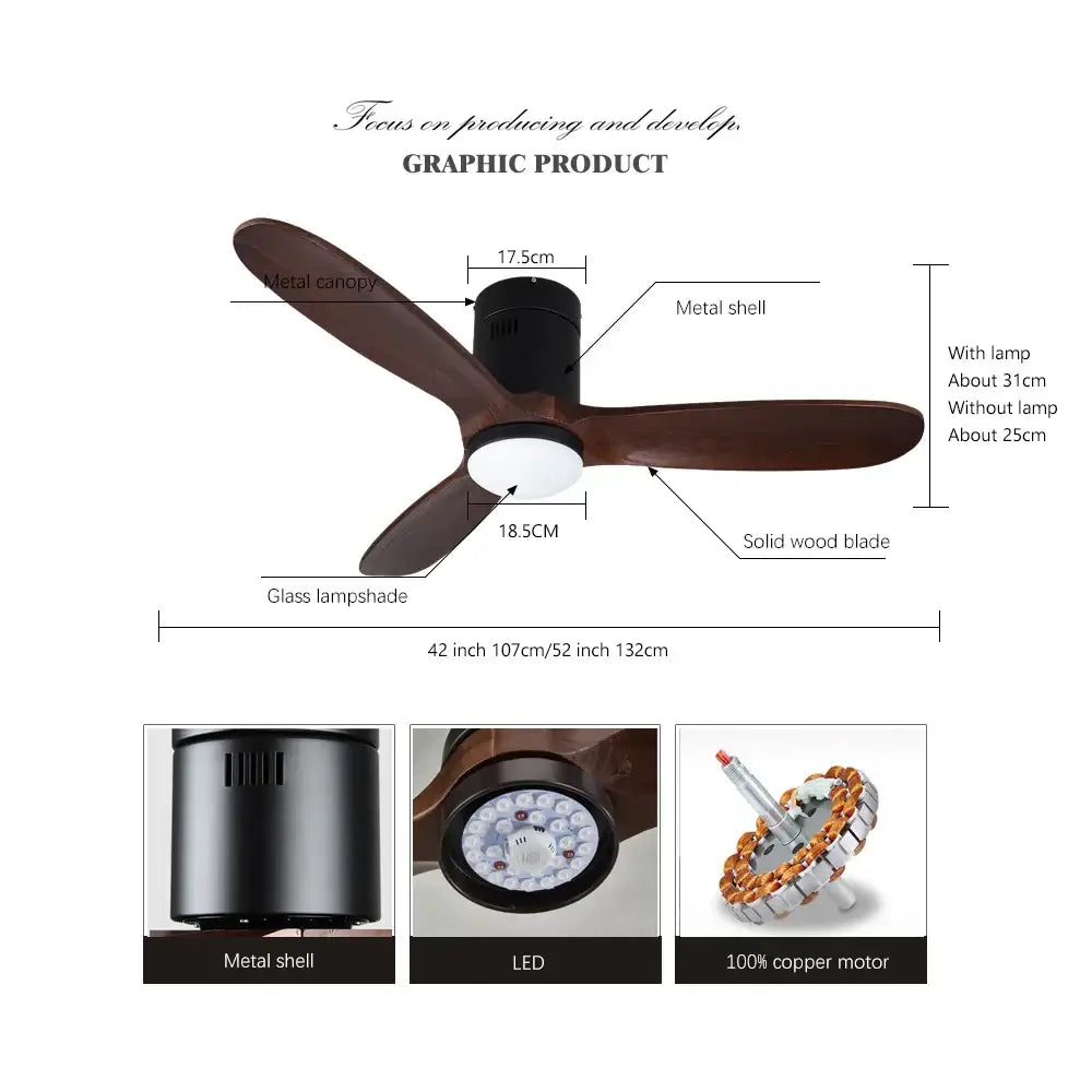 Modern ceiling fan with brown wood blades and black metal housing featuring an led glass lampshade and remote control