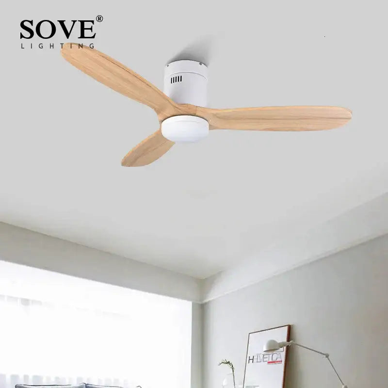 Vintage brown wood ceiling fan with remote control featuring natural wood blades and white central housing for living room